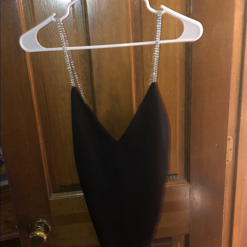 Forever 21 Black Satin Stretch Rhinestone Strap V-Neck Bodysuit